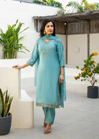 Fountain Blue Embroidered Roman Silk Suit Set with Dupatta