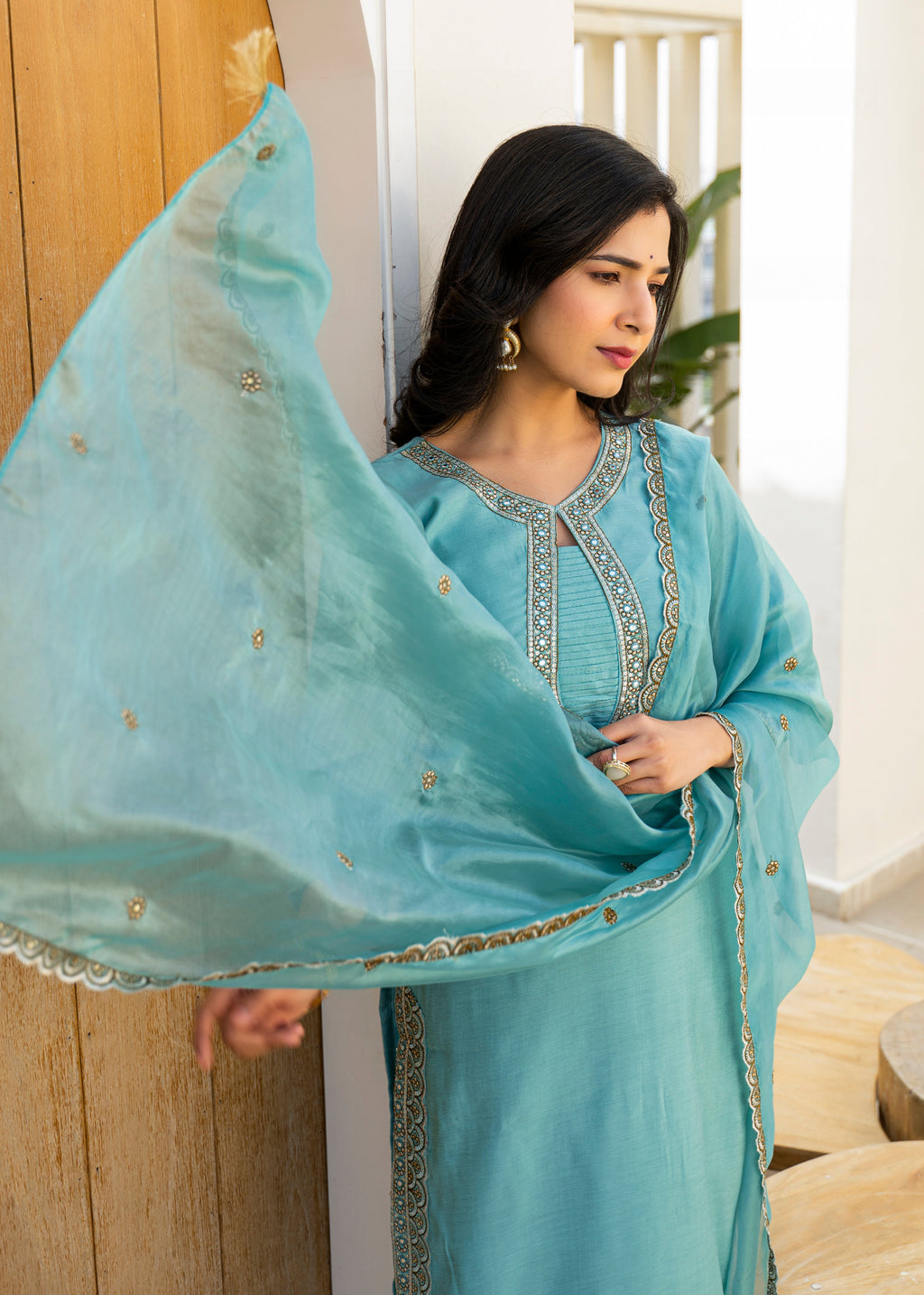 Fountain Blue Embroidered Roman Silk Suit Set
