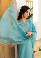 Fountain Blue Embroidered Roman Silk Suit Set with Dupatta