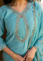 Fountain Blue Embroidered Roman Silk Suit Set with Dupatta