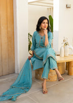 Fountain Blue Embroidered Roman Silk Suit Set with Dupatta