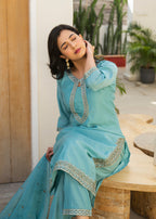 Fountain Blue Embroidered Roman Silk Suit Set with Dupatta