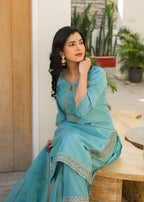 Fountain Blue Embroidered Roman Silk Suit Set with Dupatta