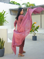 Turkish Rose Embroidered Roman Silk Suit Set with Dupatta