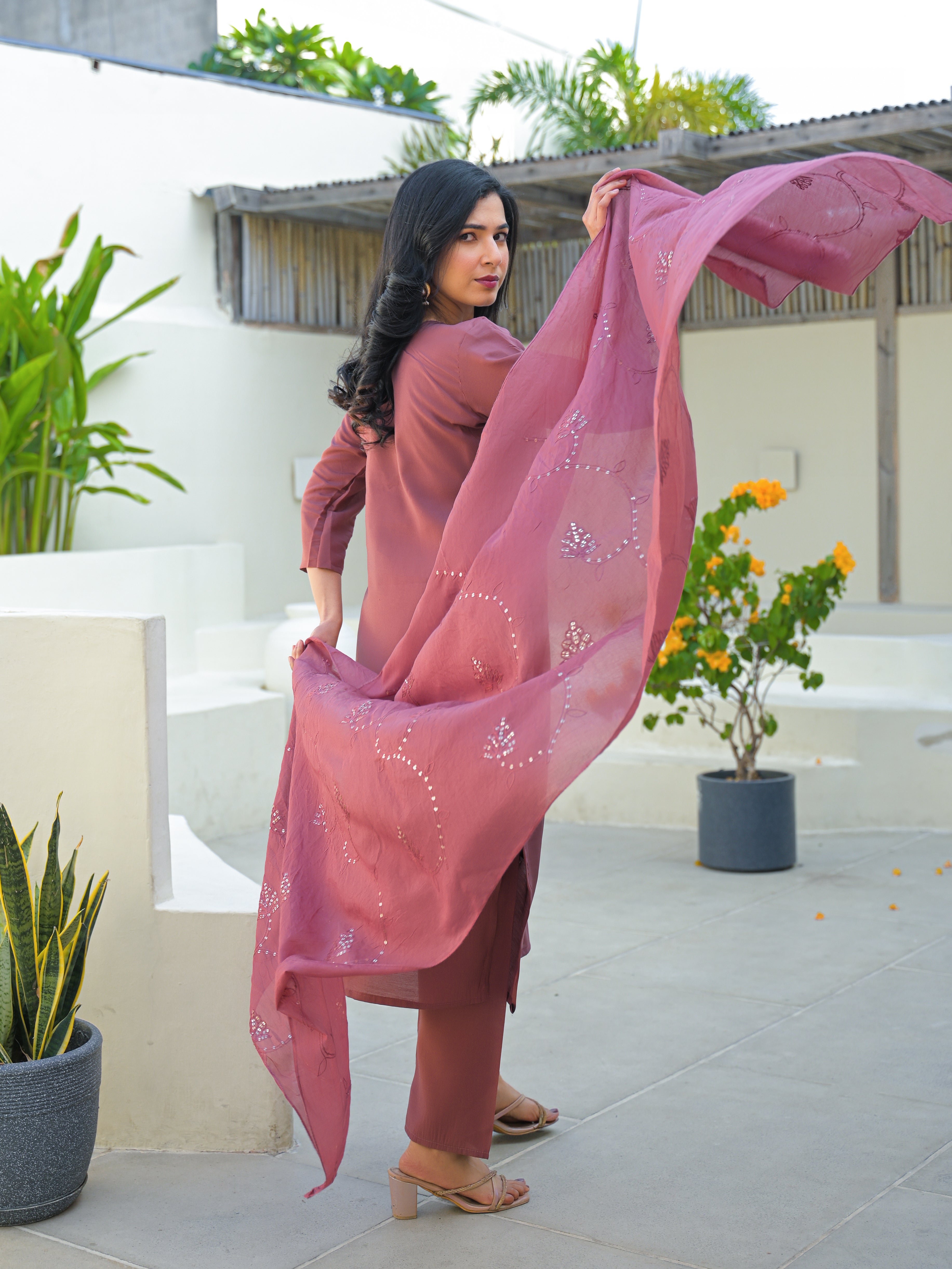 Turkish Rose Embroidered Roman Silk Suit Set