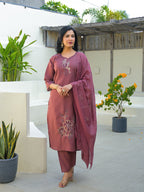 Turkish Rose Embroidered Roman Silk Suit Set with Dupatta