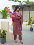 Turkish Rose Embroidered Roman Silk Suit Set with Dupatta