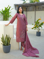 Turkish Rose Embroidered Roman Silk Suit Set with Dupatta