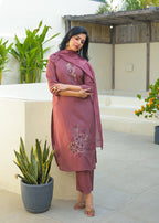 Turkish Rose Embroidered Roman Silk Suit Set with Dupatta