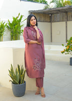 Turkish Rose Embroidered Roman Silk Suit Set with Dupatta