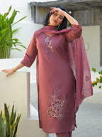 Turkish Rose Embroidered Roman Silk Suit Set with Dupatta