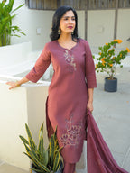 Turkish Rose Embroidered Roman Silk Suit Set with Dupatta