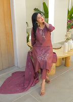 Turkish Rose Embroidered Roman Silk Suit Set with Dupatta
