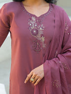 Turkish Rose Embroidered Roman Silk Suit Set with Dupatta