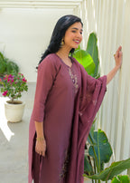 Turkish Rose Embroidered Roman Silk Suit Set with Dupatta