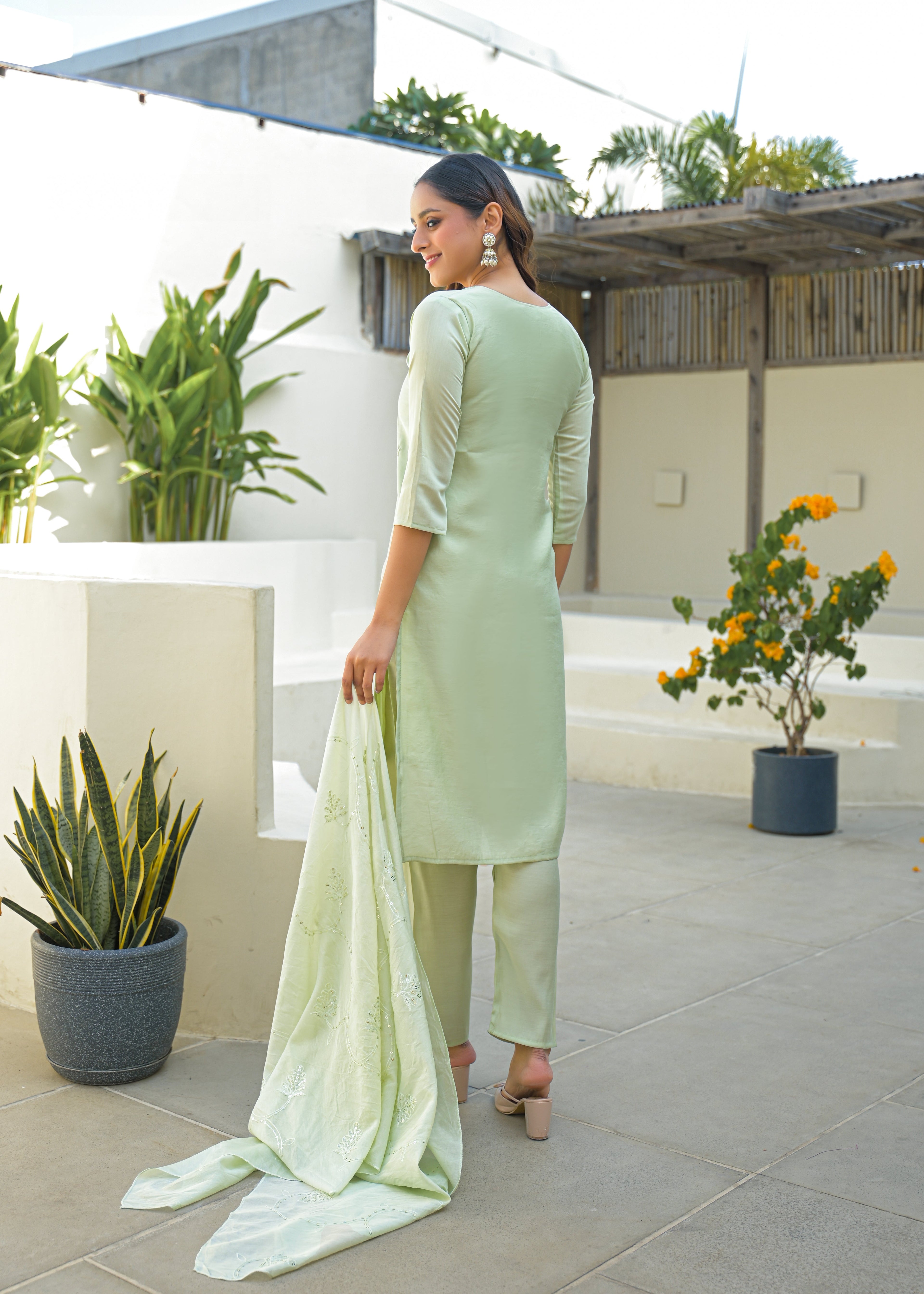 Pale Leaf Embroidered Roman Silk Suit Set