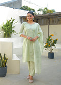 Pale Leaf Embroidered Roman Silk Suit Set