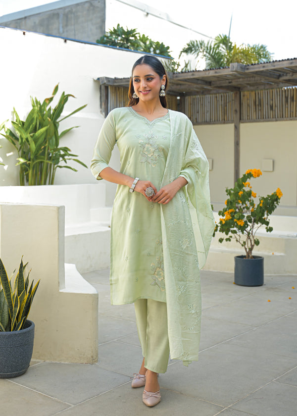 Pale Leaf Embroidered Roman Silk Suit Set