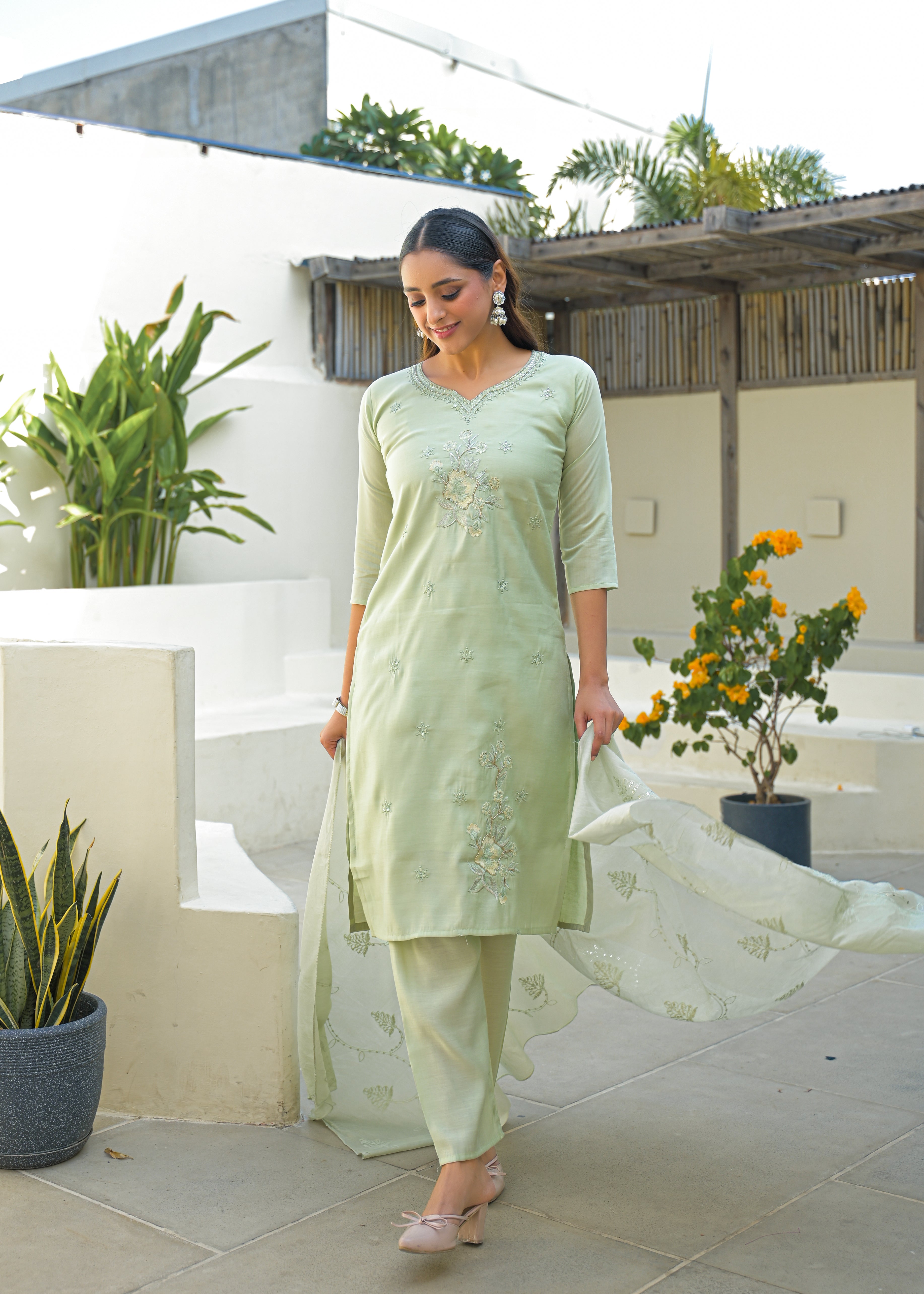 Pale Leaf Embroidered Roman Silk Suit Set
