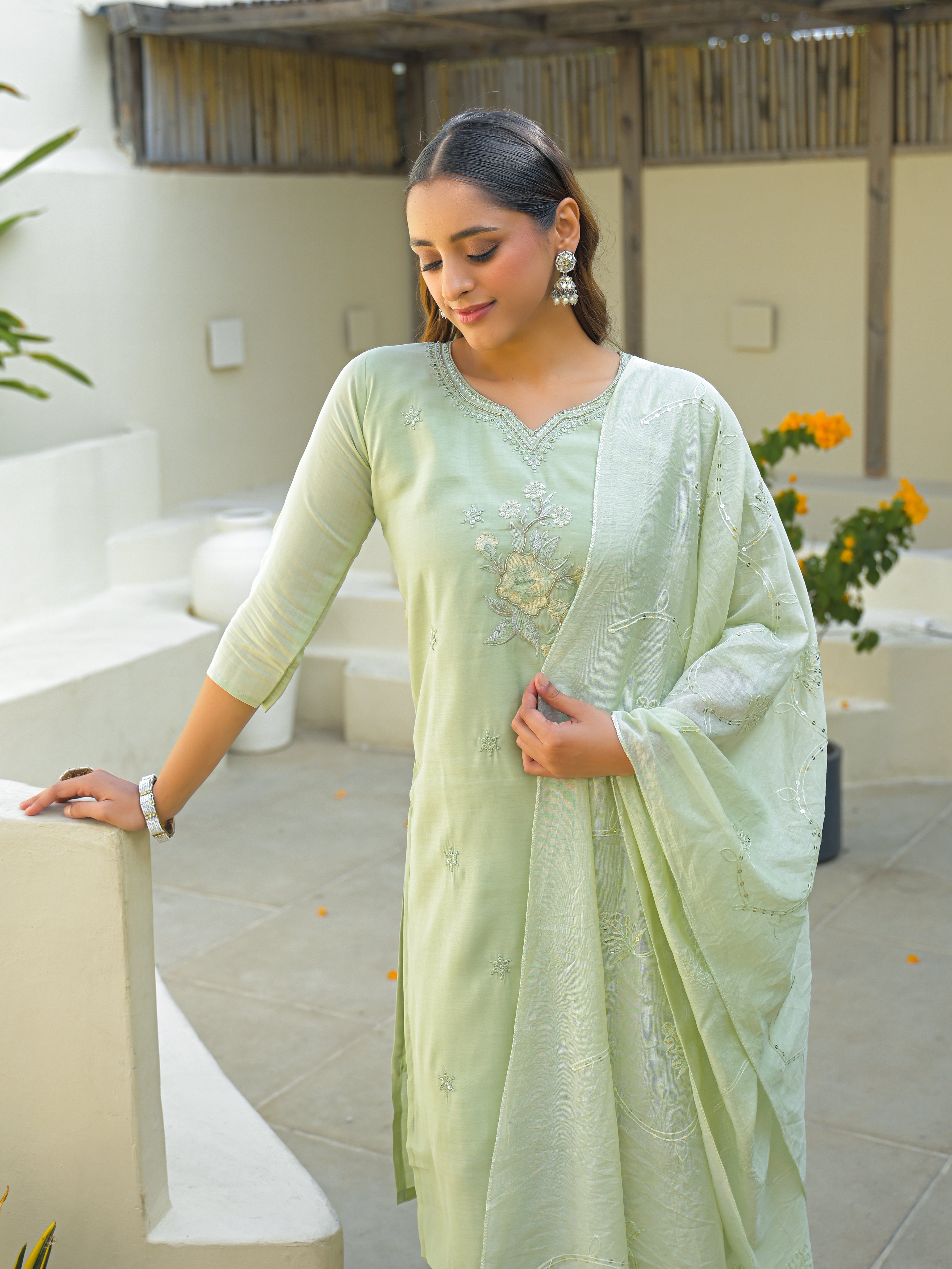 Pale Leaf Embroidered Roman Silk Suit Set