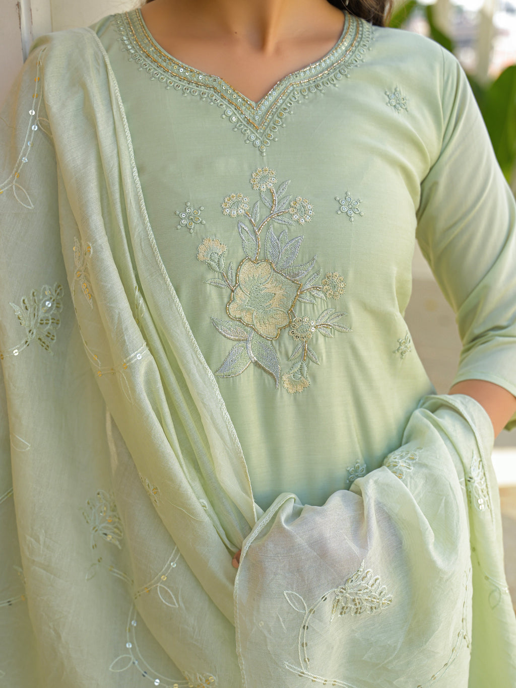 Pale Leaf Embroidered Roman Silk Suit Set
