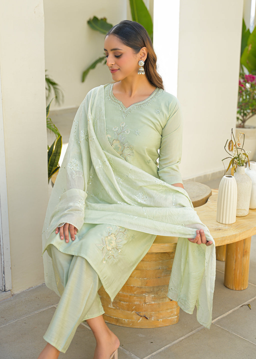 Pale Leaf Embroidered Roman Silk Suit Set