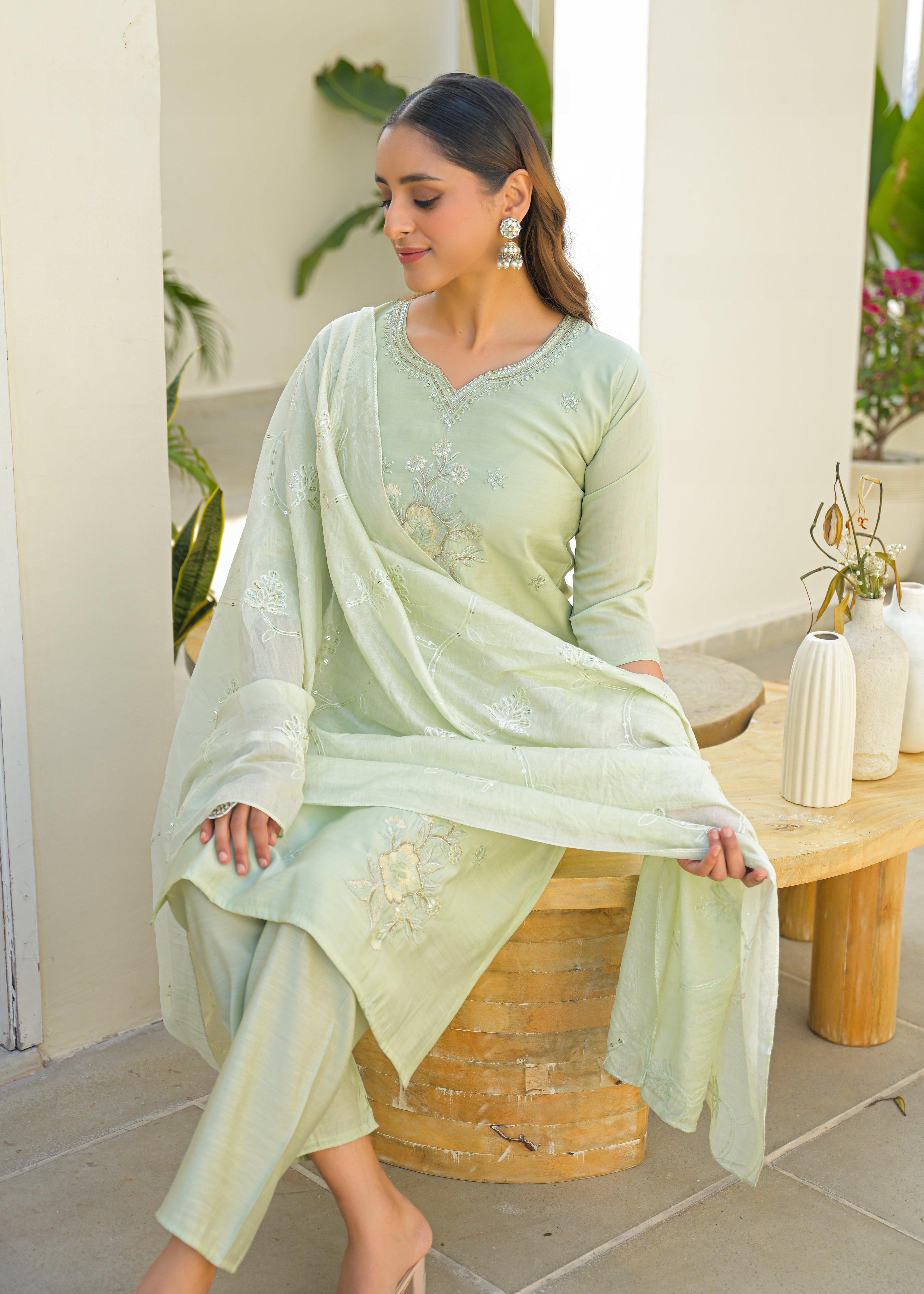 Pale Leaf Embroidered Roman Silk Suit Set