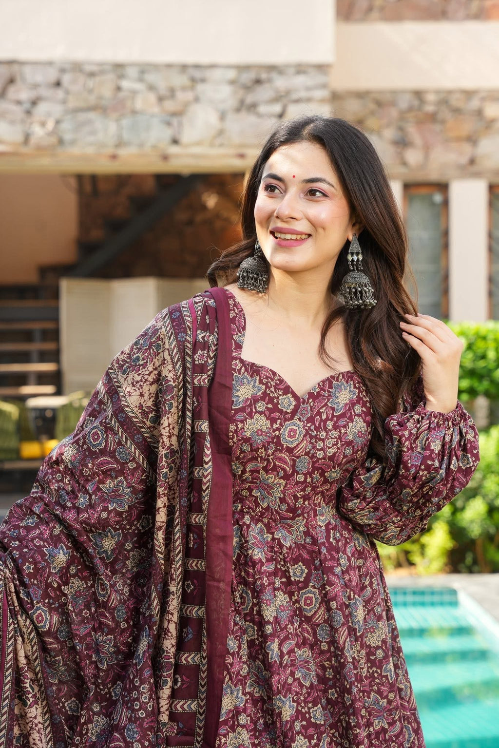 Wine Printed Cotton Anarkali Suit Set with Dupatta
