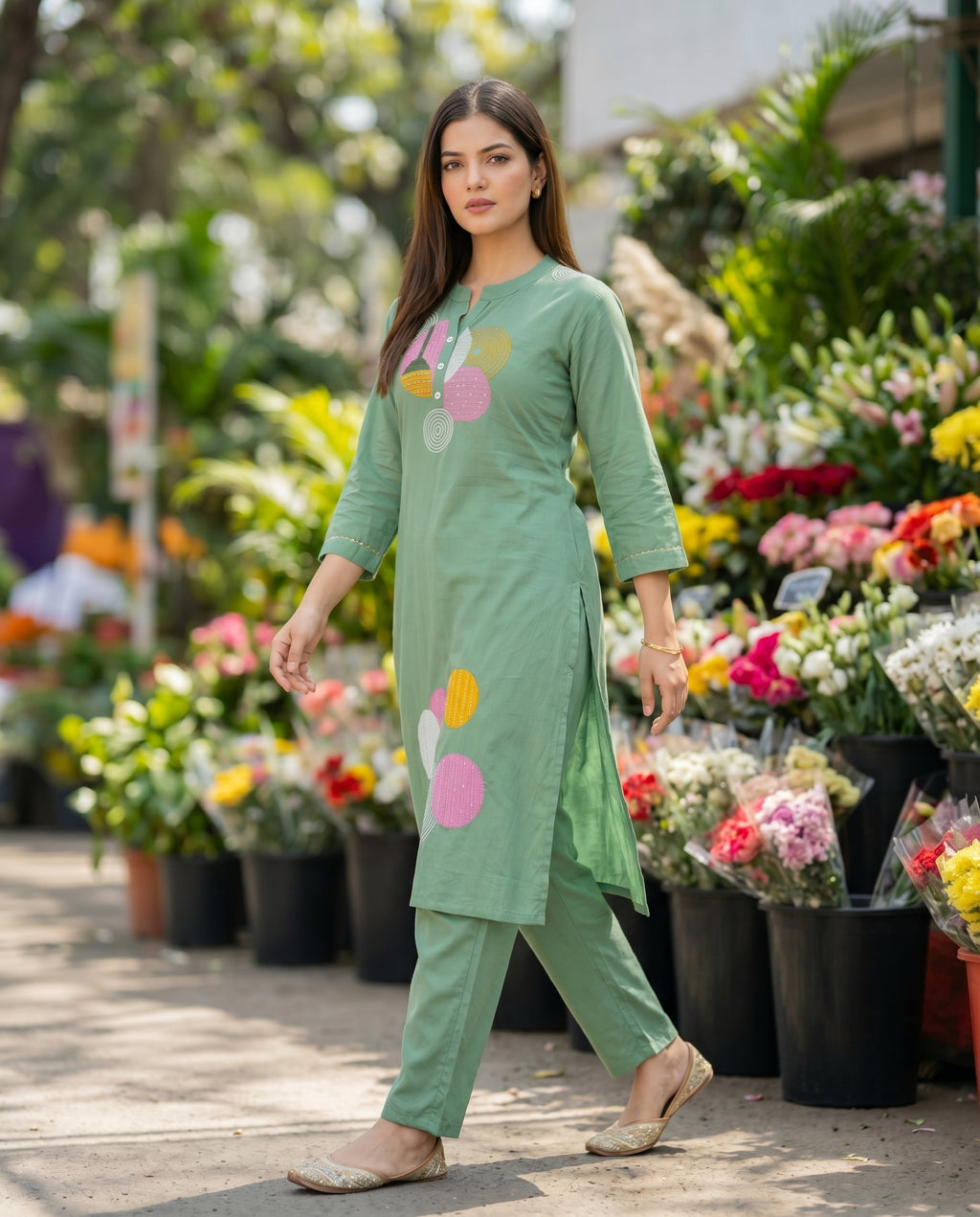 Green Embroidered Chanderi Silk Kurta and Pant Set
