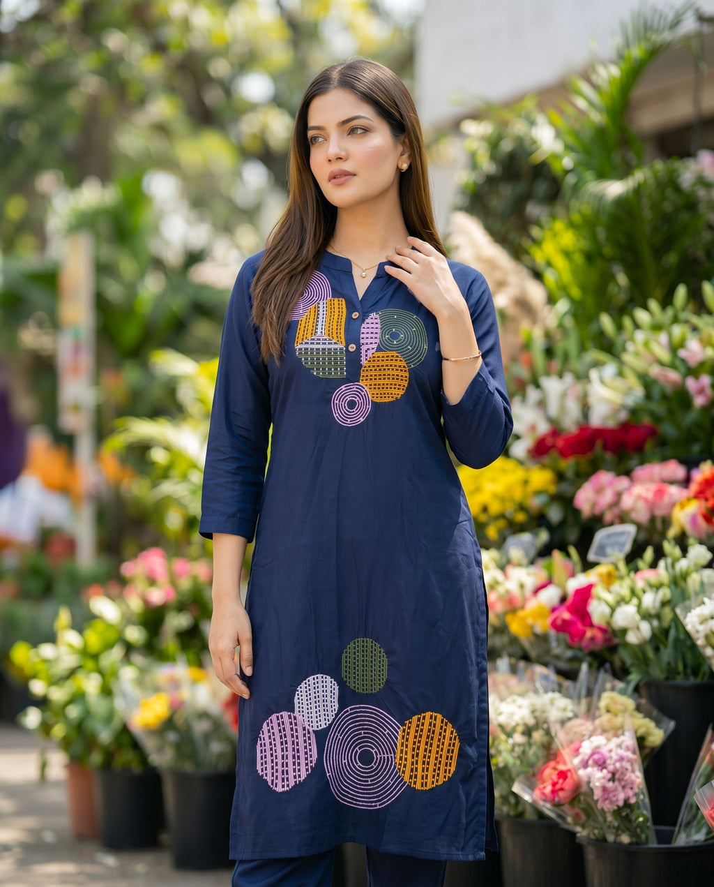 Navy Blue Embroidered Chanderi Silk Kurta and Pant Set