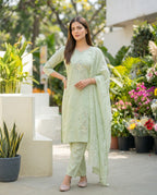 Pale Leaf Embroidered Roman Silk Suit Set with Dupatta