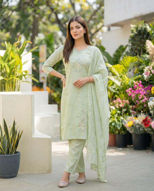 Pale Leaf Embroidered Roman Silk Suit Set