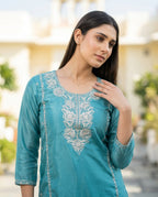 Eastern Blue Embroidered Roman Silk Suit Set with Dupatta