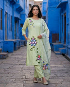 Granite Green Printed Roman Silk Suit Set with Dupatta
