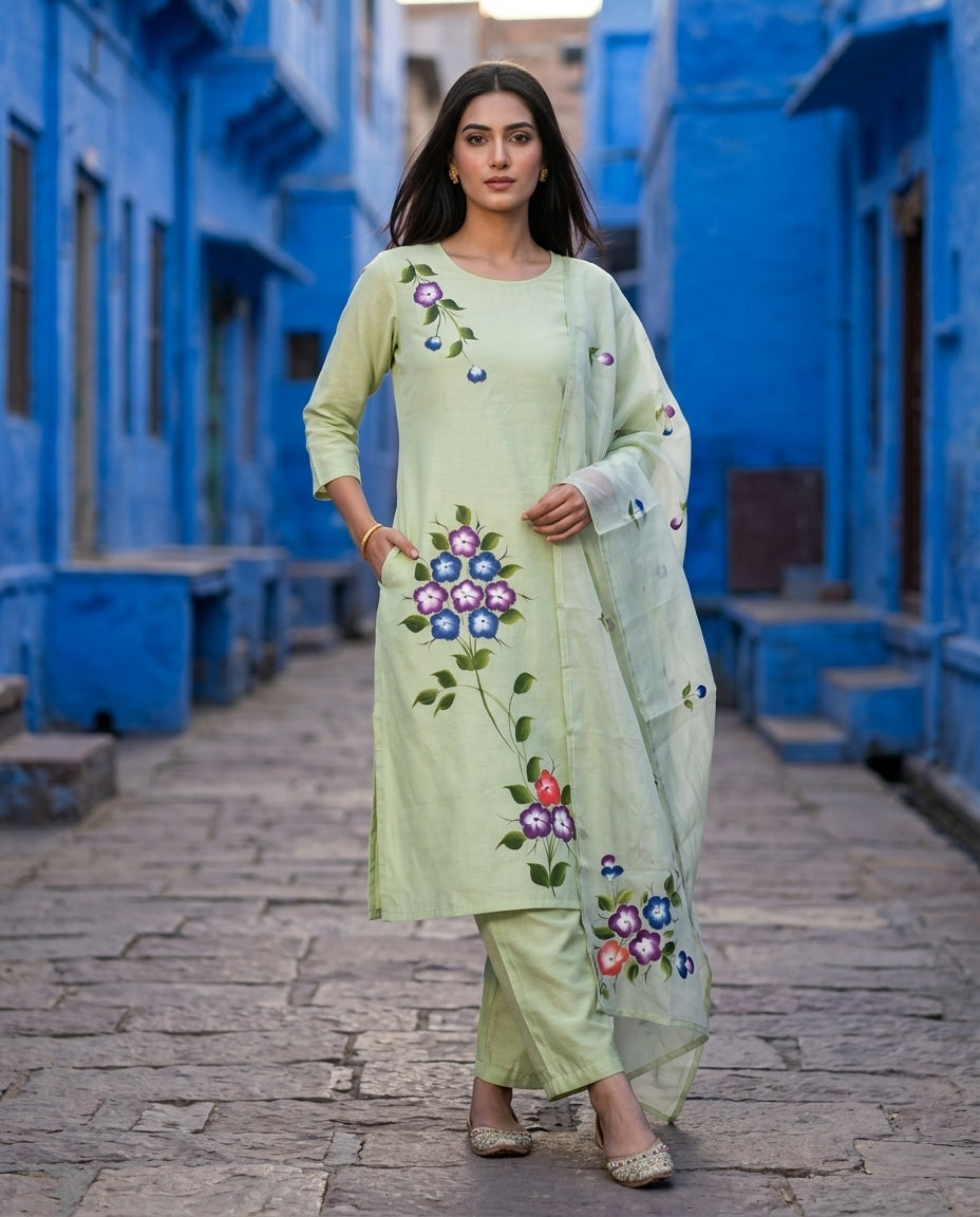 Granite Green Printed Roman Silk Suit Set