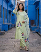 Granite Green Printed Roman Silk Suit Set with Dupatta