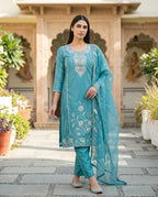 Eastern Blue Embroidered Roman Silk Suit Set with Dupatta