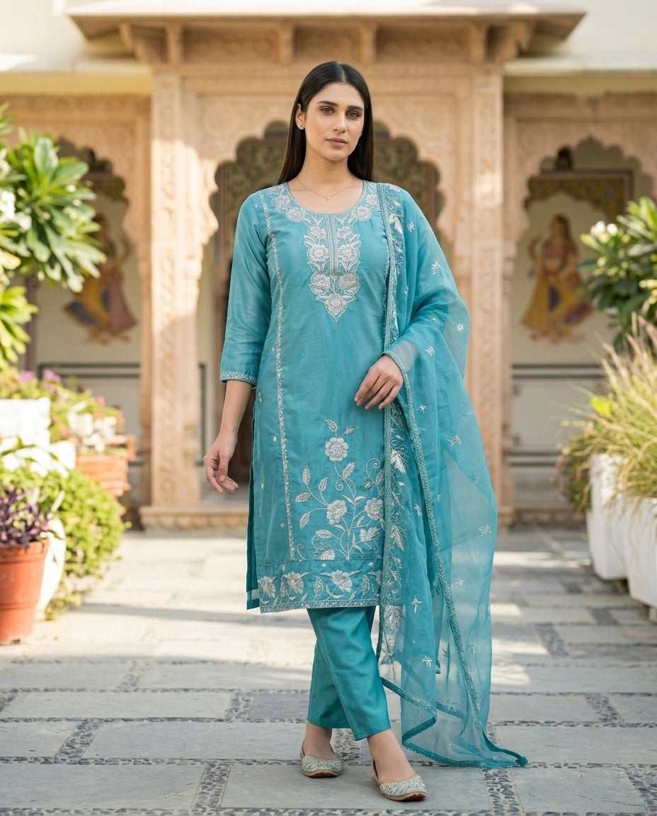 Eastern Blue Embroidered Roman Silk Suit Set