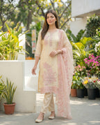 Almond Embroidered Roman Silk Suit Set with Dupatta