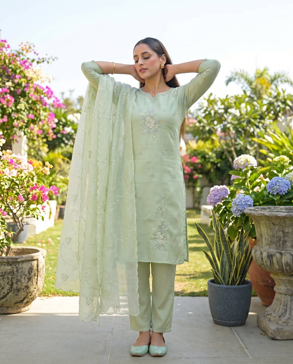Pale Leaf Embroidered Roman Silk Suit Set