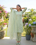 Pale Leaf Embroidered Roman Silk Suit Set with Dupatta