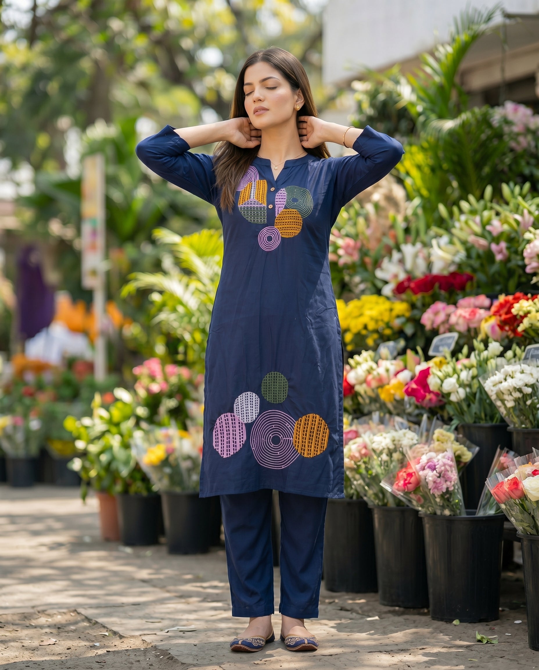 Navy Blue Embroidered Chanderi Silk Kurta and Pant Set