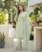 Pale Leaf Embroidered Roman Silk Suit Set with Dupatta