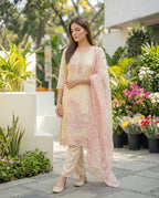 Almond Embroidered Roman Silk Suit Set with Dupatta