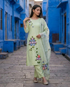 Granite Green Printed Roman Silk Suit Set with Dupatta