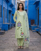 Granite Green Printed Roman Silk Suit Set with Dupatta
