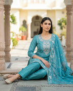 Eastern Blue Embroidered Roman Silk Suit Set with Dupatta