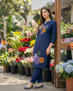 Navy Blue Embroidered Chanderi Silk Kurta and Pant Set