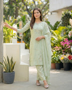 Pale Leaf Embroidered Roman Silk Suit Set with Dupatta
