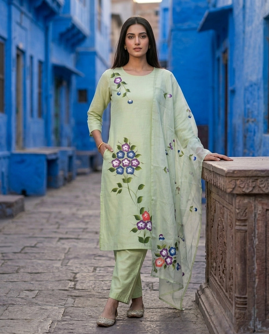Granite Green Printed Roman Silk Suit Set